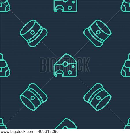 Set Line Cheese, Kepi And Handbag On Seamless Pattern. Vector
