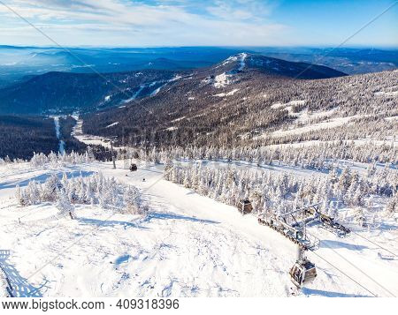 Sheregesh Ski Lift Resort In Winter, Landscape On Mountain And Hotels, Aerial Top View Kemerovo Regi