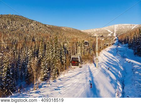 Sheregesh Ski Lift Resort In Winter, Landscape On Mountain And Hotels, Aerial Top View Kemerovo Regi