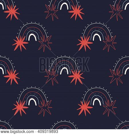 Minimalistic Rainbow Seamless Pattern With Stars. Rainbow Star Pattern Of Dotted And Flat Lines With