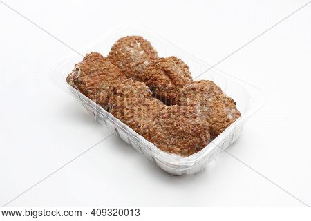 Traditional Fried Meat Patties, Burgers, Minced Cutlets On A Plastic, Transparent Food Tray, Isolate