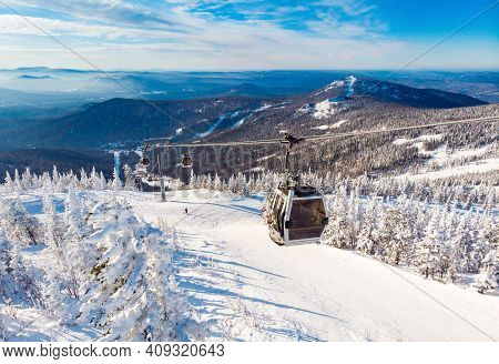 Sheregesh Ski Lift Resort In Winter, Landscape On Mountain And Hotels, Aerial Top View Kemerovo Regi