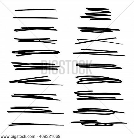 Vector Set Of Highlight Lines And Underlines. Collection Of Hand Drawn Strikethrough Graphic Marker 