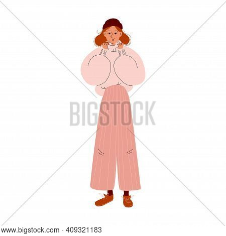 Nice Girl In A Big Warm Sweater, Wide Trousers, And Brown Lace-up Shoes. Cartoon Young Woman In A Br