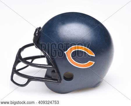 IRVINE, CALIFORNIA - AUGUST 30, 2018: Mini Collectable Football Helmet for the Chicago Bears of the National Football Conference North.