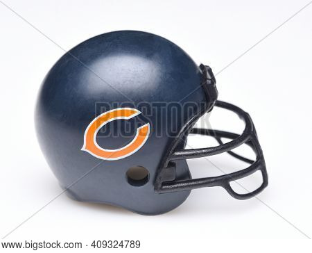 IRVINE, CALIFORNIA - AUGUST 30, 2018: Mini Collectable Football Helmet for the Chicago Bears of the National Football Conference North.