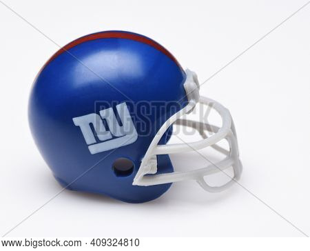 IRVINE, CALIFORNIA - SEPTEMBER 5, 2018: Mini Collectable Football Helmet for the New York Giants of the National Football Conference East.