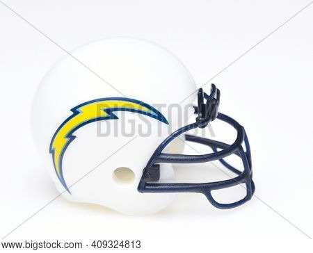 IRVINE, CALIFORNIA - AUGUST 30, 2018: Mini Collectable Football Helmet for the Los Angeles Chargers of the American Football Conference West.