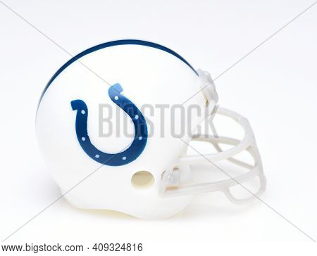 IRVINE, CALIFORNIA - AUGUST 30, 2018: Mini Collectable Football Helmet for the Indianapolis Colts of the American Football Conference South.