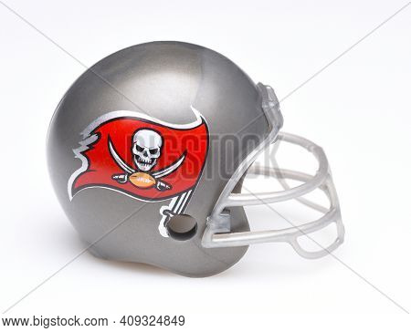 IRVINE, CALIFORNIA - AUGUST 30, 2018: Mini Collectable Football Helmet for the Tampa Bay Buccaneers of the National Football Conference South.