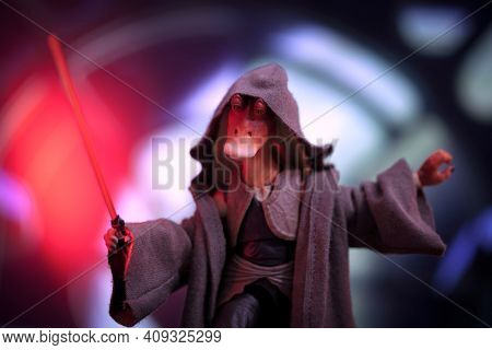 FEB 20 2021: Star Wars humor concept, Darth Jar Jar Binks - Hasbro action figure