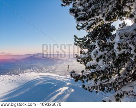 Sheregesh Ski Lift Resort In Winter, Landscape On Mountain And Hotels, Aerial Top View Kemerovo Regi