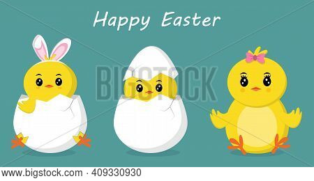 Happy Easter Banner With Cute Chicks. Cute Chicken Cracking From Egg Shell, Another Wearing Easter B