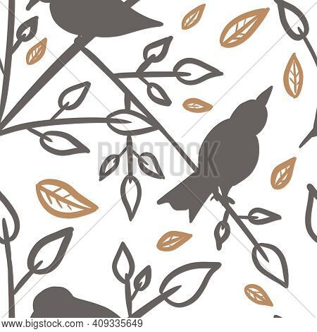 Seamless Pattern With Outline Gray Birds Sitting On Tree Branches Across Leaves On White Background.
