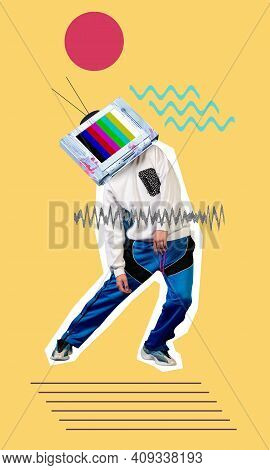 Contemporary Art Collage. Young Man, Hippster Dancer Headed Of Tv Set Dancing Isolated On Yellow Geo