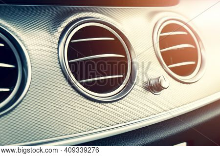 Ac Ventilation Deck In Luxury Modern Car Interior. Modern Car Black Leather Interior. Natural Wood P