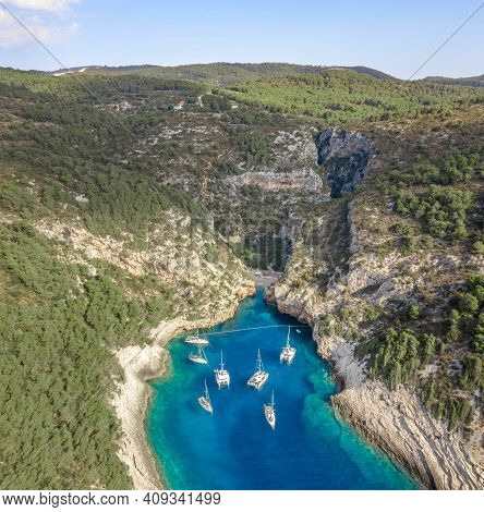 Aerial Drone Shot Of Iconic Stiniva Cove Beach Of Adriatic Sea On Vis Island In Croatia Summer