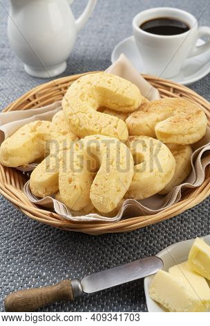 Chipas, Typical South American Cheese Bun In A Basket With Butter And Coffee.