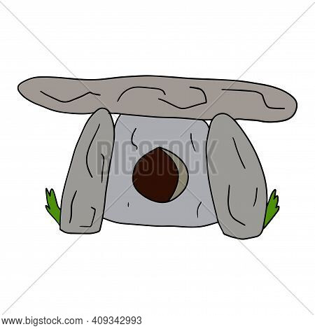 Cute Cartoon Doodle Ancient Stone Dolmen Isolated On White Background. Prehistoric Rock Architecture
