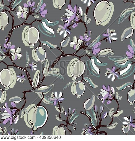 Lemons Blooming Branches Seamless Pattern. Beautiful Floral Background. Botanical Citrus Plants On G