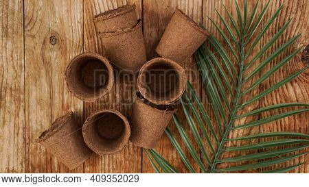 Empty Peat Pots For Seedlings On A Wooden Background With Tropical Leaf. Gardening. The Concept Of P