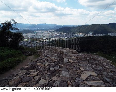 Gimhae, South Korea, September 3, 2017: View Of The City Of Gimhae From Bunsanseong Fortress, Gimhae