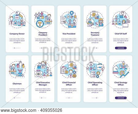 Top Management Onboarding Mobile App Page Screen With Concepts Set. Company Owner. Vice President Wa