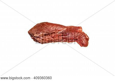Steak Flanchet (flan Steak) Of Raw Marbled Beef Lies On A White Background. Isolated