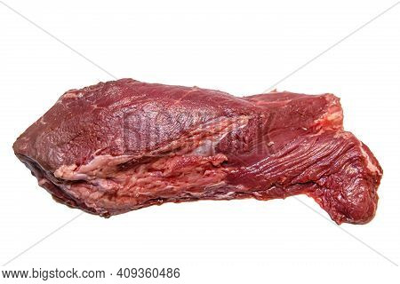 Steak Flanchet (flan Steak) Of Raw Marbled Beef Lies On A White Background. Isolated