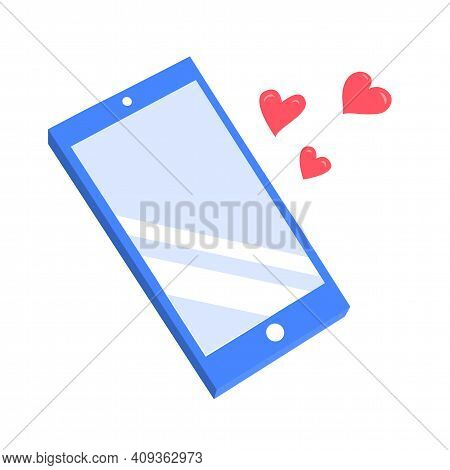 Cartoon Smartphone With Loving Hearts. Love Or Likes On A Social Network. Romantic Flat Illustration
