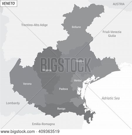 The Veneto Grayscale Map Divided In Administrative Areas With Labels, Italy