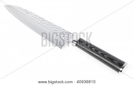 Nůž japonský gyuto damascus Steel, izolovaných na bílém pozadí se stínem, černobílá