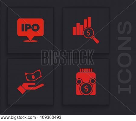 Set Glass Money Jar With Coin, Ipo, Pie Chart And Dollar And Hand Holding Icon. Vector