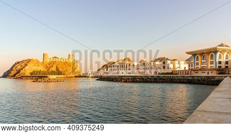 View of Al Alam Royal Palace and Al Jalali Fort in Muscat, Oman
