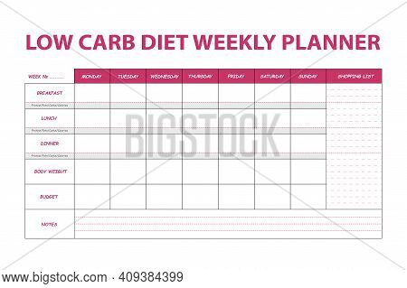 Pink Diet Weekly Planner Isolated On White Background. Food Menu Plan For Diet. Daily Schedule Templ
