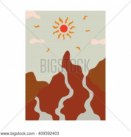 Beautiful Minimalist Mountain Landscape With River And Sun. Streams Flow Down The Mountains. Sun Ray