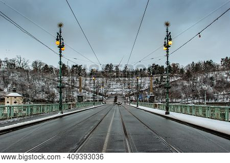 Bridge Across Vltava River With Tram Railway, Letna Park And Prague Metronome In Background, Prague,
