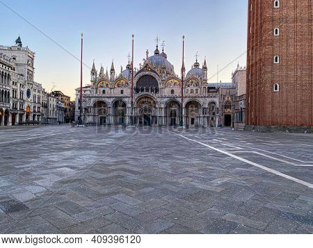 Basilica of Saint Mark and deserted San Marco Square during the crisis COVID-19