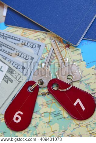 Passports And Room Keys. Travel Concept. Things Collected For Travel. Personal Items For Holidays. M