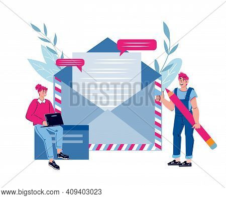 Mailing Services Concept With Tiny People Next To Huge Letter In Post Envelope. Online Marketing And