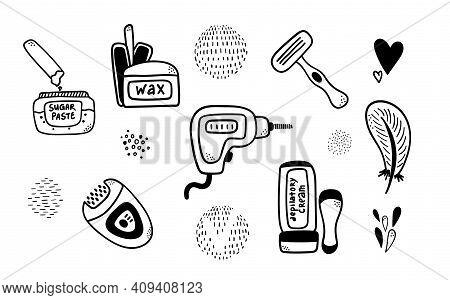 Set Of Doodle Depilatory And Epilatory Instruments. Black Outline Wax, Laser, Cream, Razor, Epilator