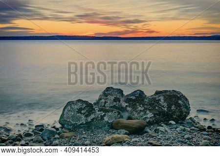 Seascape Sunset Landscape With Rocks From West Seattle
