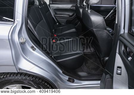 Novosibirsk, Russia - February 18 2021: Subaru Forester, Clean Car Interior. Black Back Seats In Sed