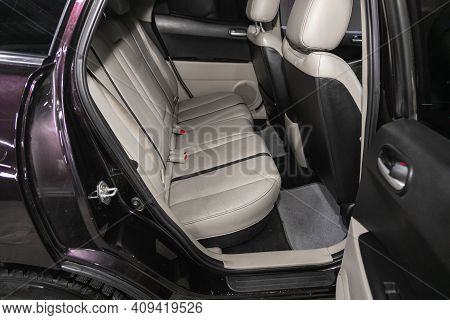 Novosibirsk, Russia - February 18 2021: Mazda Cx-7,clean Car Interior. Beige Back Seats In Sedan.