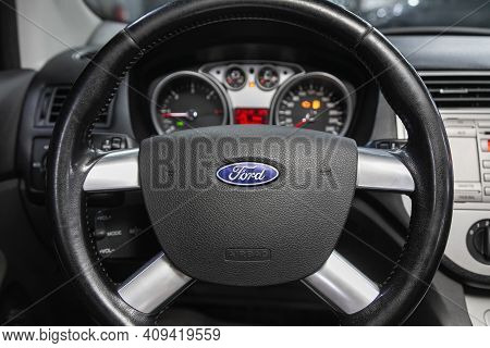 Novosibirsk, Russia - February 18 2021: Ford Kuga, Luxurious Car Interior - Steering Wheel, Shift Le