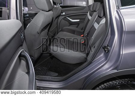 Novosibirsk, Russia - February 18 2021: Ford Kuga, Clean Car Interior. Gray Back Seats In Sedan.