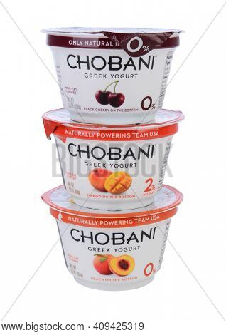 IRVINE, CA - MAY 20, 2014: 3 cups of Chobani Greek Yogurt. Chobani is an American brand launched in 2007 and has become one of the world's leading yougurt manufacturers.