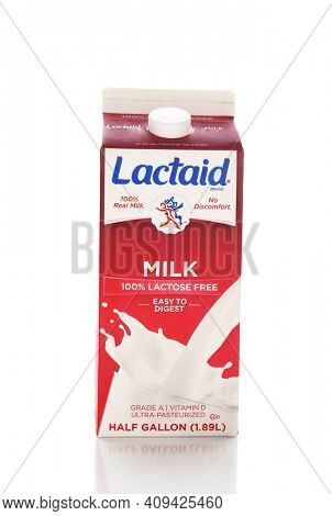 IRVINE, CALIFORNIA - NOVEMBER 16, 2016: A half gallon carton of Lactaid Lactose Free Milk. Lactaid makes a full line of lactose free dairy products that can be enjoyed without stomach discomfort.
