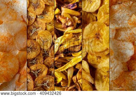 Variety Chips Of Potato, Banana, Jackfruit And Cassava. Kinds Of Common Chips Both Sweet And Tangy