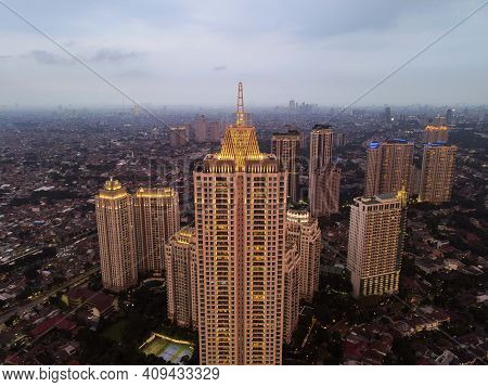 Pakubuwono Skyline Aerial Drone View From Above, Jakarta Downtown Skyscrapers Cityscape And Noise Cl